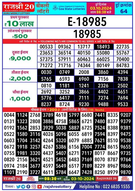 RAJSHREE 20 MANGAL WEEKLY LOTTERY Dated 27 AUG .